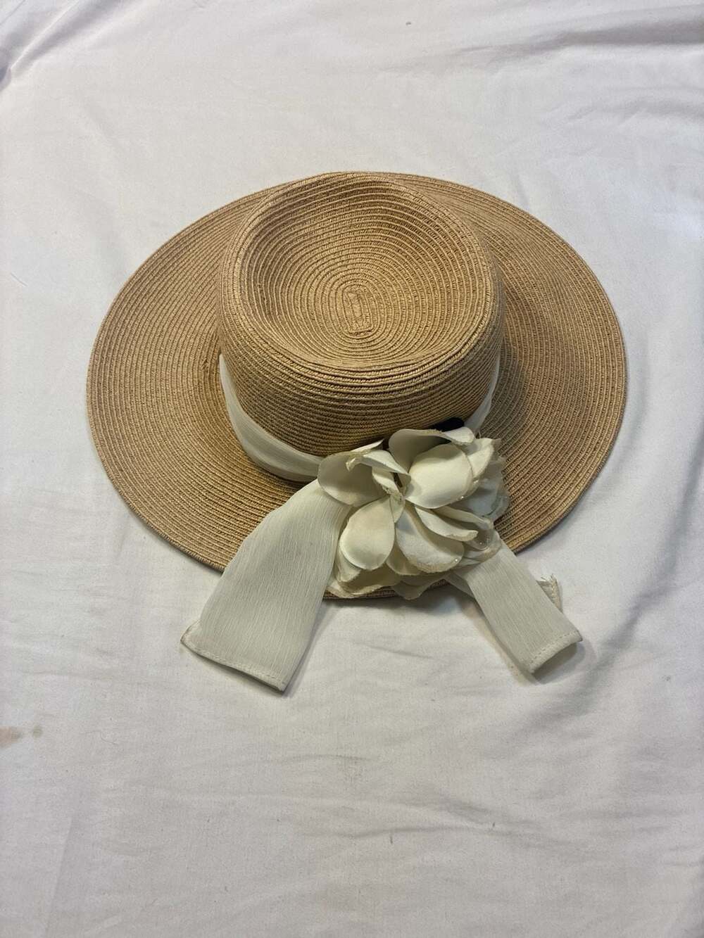 Toucan Collection New York Wide Brim Straw Boater Hat with White Chiffon Ribbon